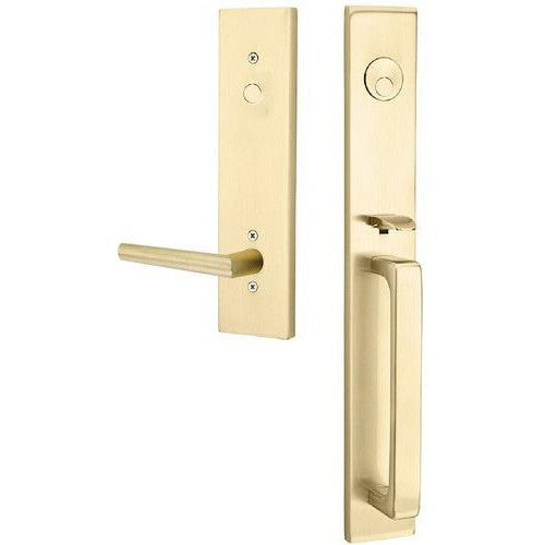 Emtek Lausanne Tubular Entrance Handleset With Stuttgart Lever in Satin Brass finish