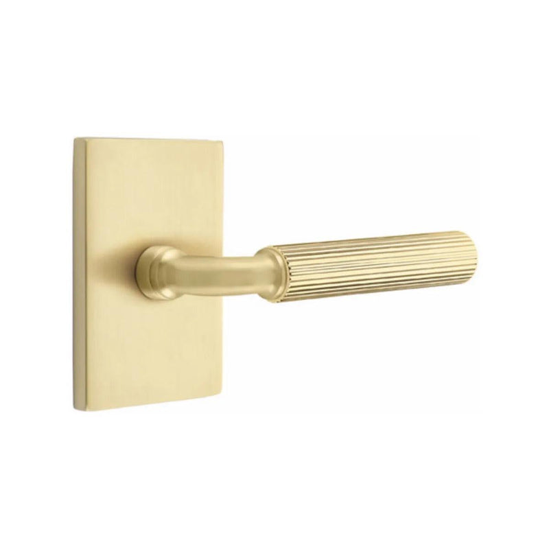 Emtek Select R-Bar Straight Knurled Lever with Modern Rectangular Rosette in Satin Brass finish