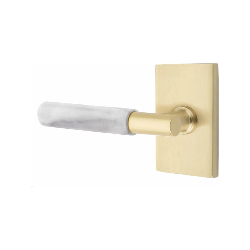 Emtek Select T-Bar White Marble Lever with Modern Rectangular Rosette in Satin Brass finish