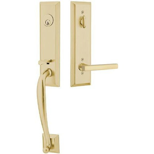 Emtek Adams Tubular Entrance Handleset With Freestone Lever in Satin Brass finish