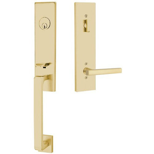 Emtek Davos Tubular Entrance Handleset With Freestone Lever in Satin Brass finish