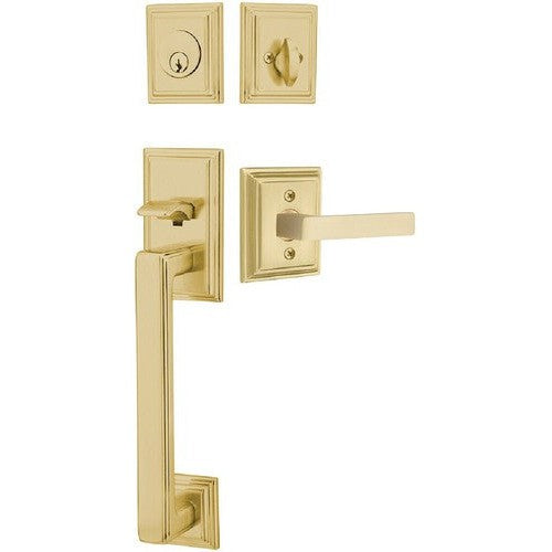 Emtek Hamden Tubular Entrance Handleset With Dumont Lever in Satin Brass finish