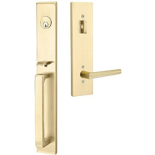 Emtek Lausanne Tubular Entrance Handleset With Stuttgart Lever in Satin Brass finish