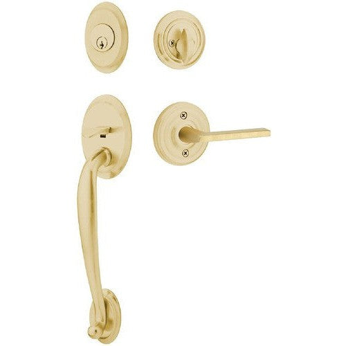 Emtek Saratoga Tubular Entrance Handleset With Helios Lever in Satin Brass finish