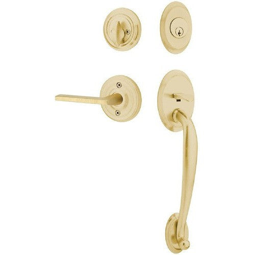 Emtek Saratoga Tubular Entrance Handleset With Helios Lever in Satin Brass finish