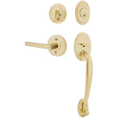 Emtek Saratoga Tubular Entrance Handleset With Stuttgart Lever in Satin Brass finish