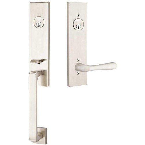 Emtek Davos Handleset with Interior Basel Lever in Satin Nickel finish