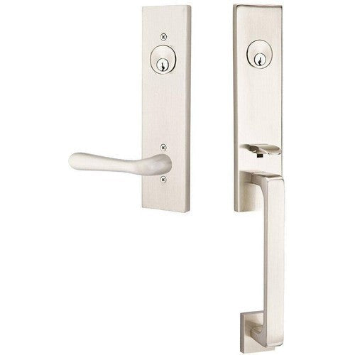 Emtek Davos Handleset with Interior Basel Lever in Satin Nickel finish