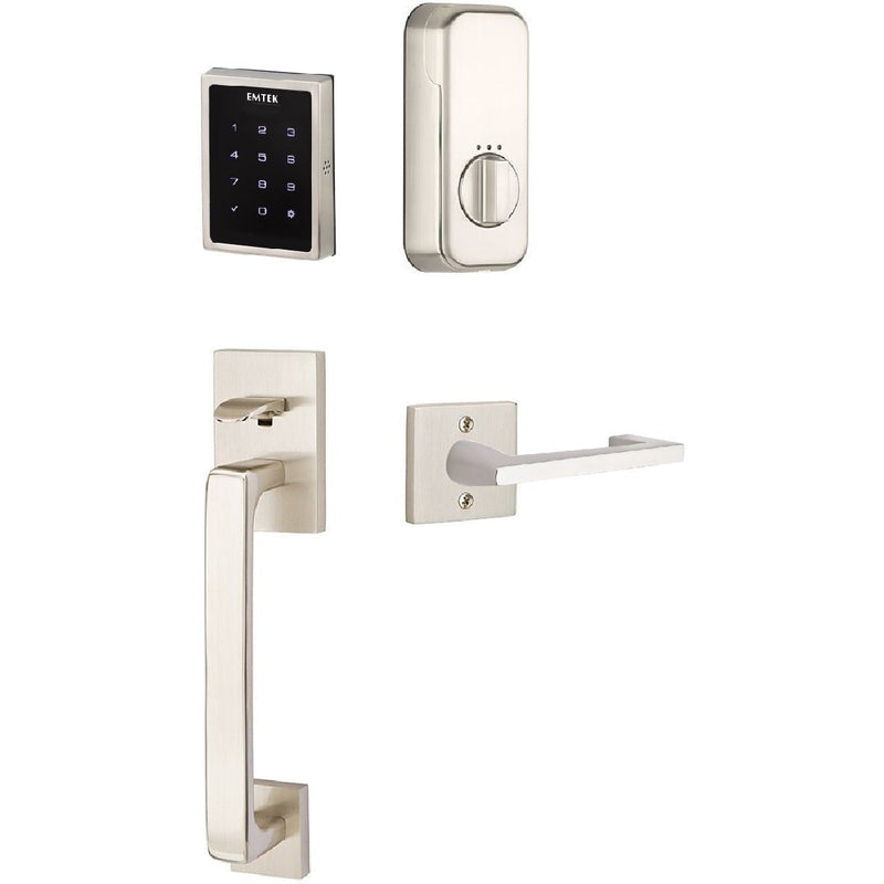 The Emtek Electronic EMPowered Motorized Touchscreen Keypad Entry Set With Baden Grip and Argos Lever in Satin Nickel finish