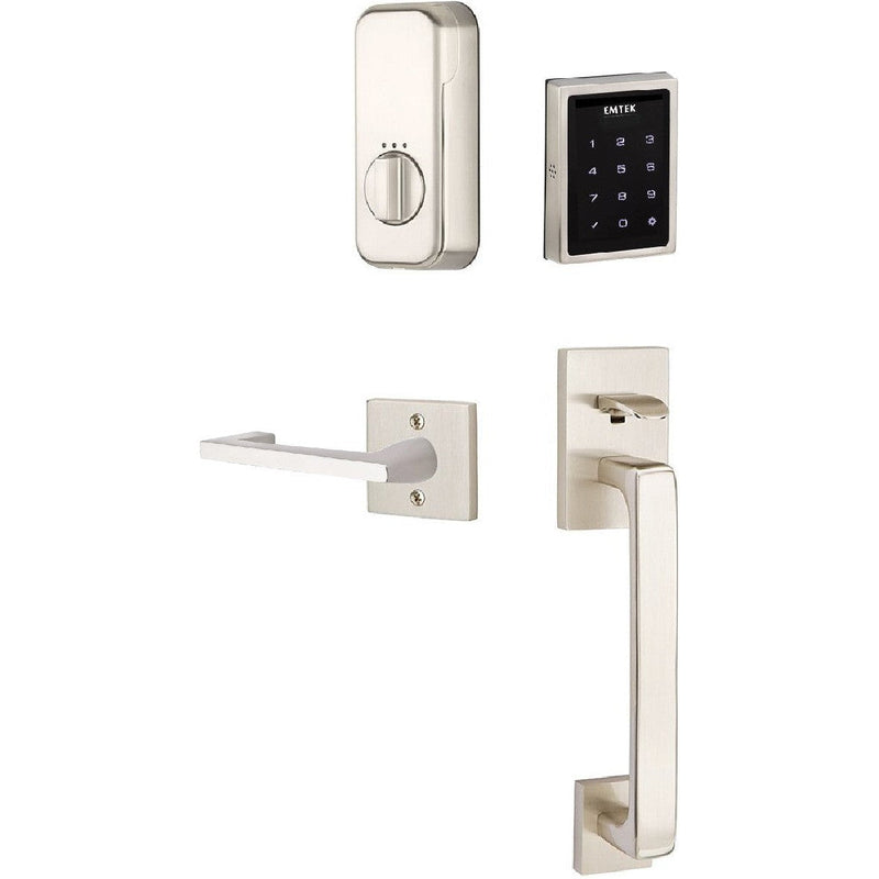 The Emtek Electronic EMPowered Motorized Touchscreen Keypad Entry Set With Baden Grip and Argos Lever in Satin Nickel finish