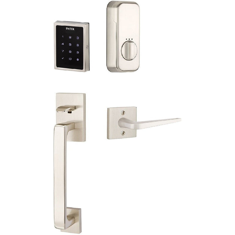 The Emtek Electronic EMPowered Motorized Touchscreen Keypad Entry Set With Baden Grip and Athena Lever in Satin Nickel finish