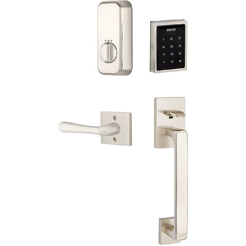 The Emtek Electronic EMPowered Motorized Touchscreen Keypad Entry Set With Baden Grip and Basel Lever in Satin Nickel finish