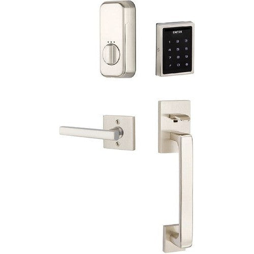 The Emtek Electronic EMPowered Motorized Touchscreen Keypad Entry Set With Baden Grip and Freestone Lever in Satin Nickel finish