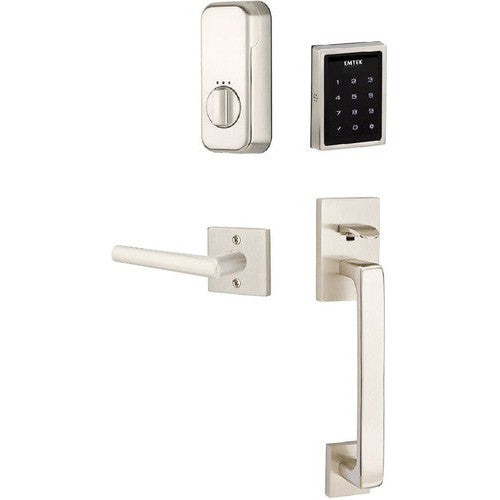 The Emtek Electronic EMPowered Motorized Touchscreen Keypad Entry Set With Baden Grip and Stuttgart Lever in Satin Nickel finish