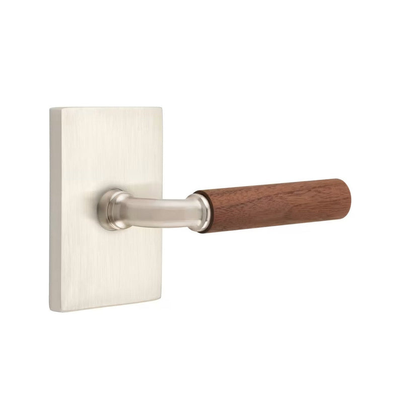 Emtek Select R-Bar Dark Walnut Lever with Modern Rectangular Rosette in Satin Nickel finish