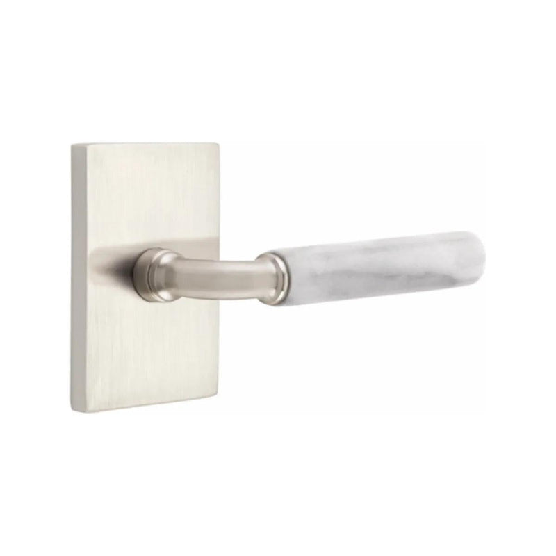 Emtek Select R-Bar White Marble Lever with Modern Rectangular Rosette in Satin Nickel finish