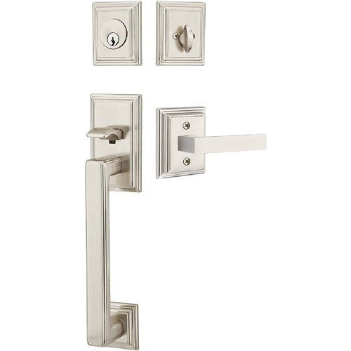 Emtek Hamden Tubular Entrance Handleset With Dumont Lever in Satin Nickel finish