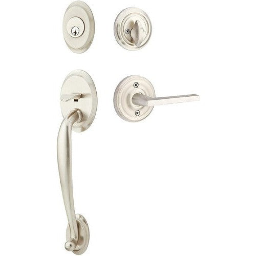 Emtek Saratoga Tubular Entrance Handleset With Helios Lever in Satin Nickel finish