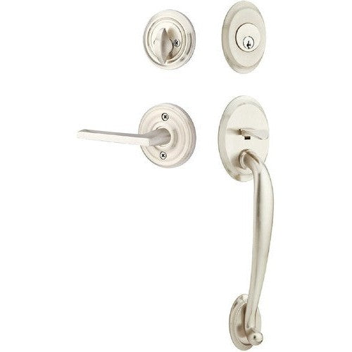 Emtek Saratoga Tubular Entrance Handleset With Helios Lever in Satin Nickel finish