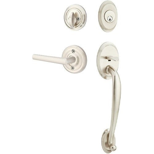 Emtek Saratoga Tubular Entrance Handleset With Stuttgart Lever in Satin Nickel finish