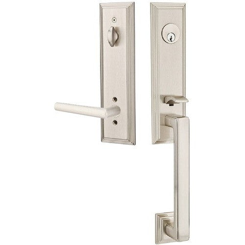 Emtek Wilshire Tubular Entrance Handleset With Stuttgart Lever in Satin Nickel finish