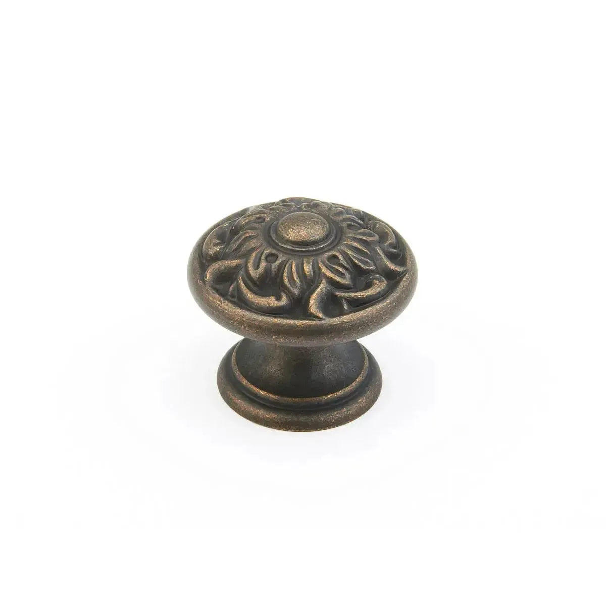 The Schaub Corinthian Round Cabinet Knob in Ancient Bronze finish.