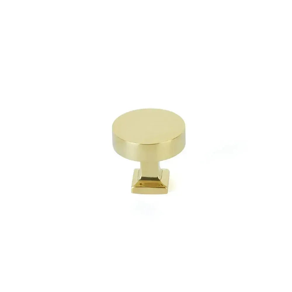Schaub Haniburton Round Cabinet Knob with Square Base in Unlacquered Brass finish