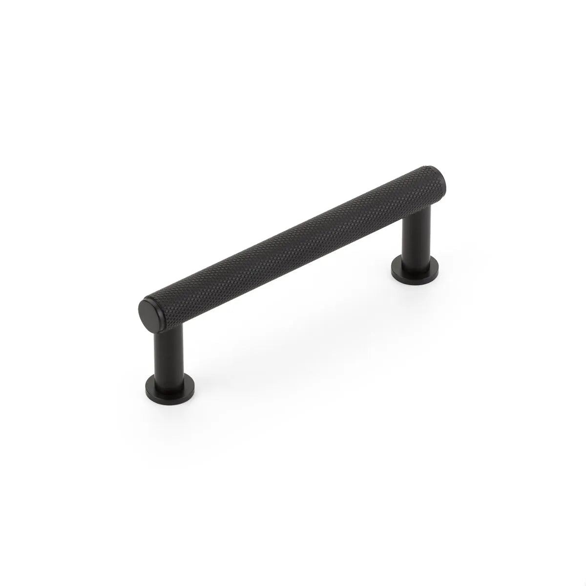 The Schaub Pub House Knurled Cabinet Pull in Matte Black finish.