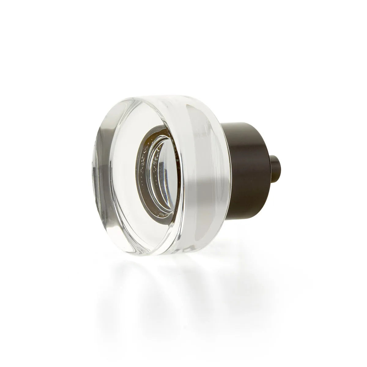 The Schaub City Lights Round Disc Glass Knob in Oil Rubbed Bronze finish.