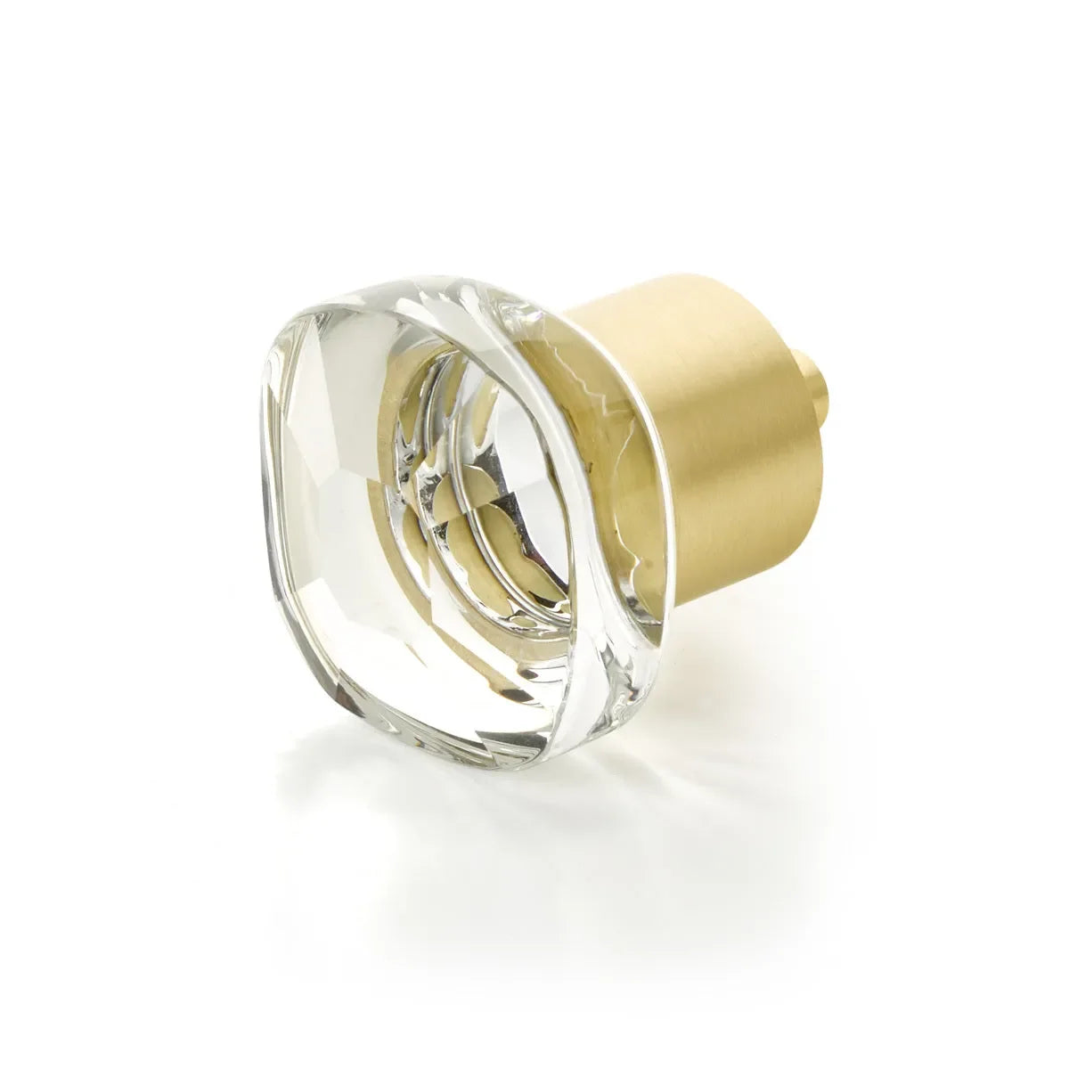 The Schaub City Lights Soft Square Glass Knob in Satin Brass finish.