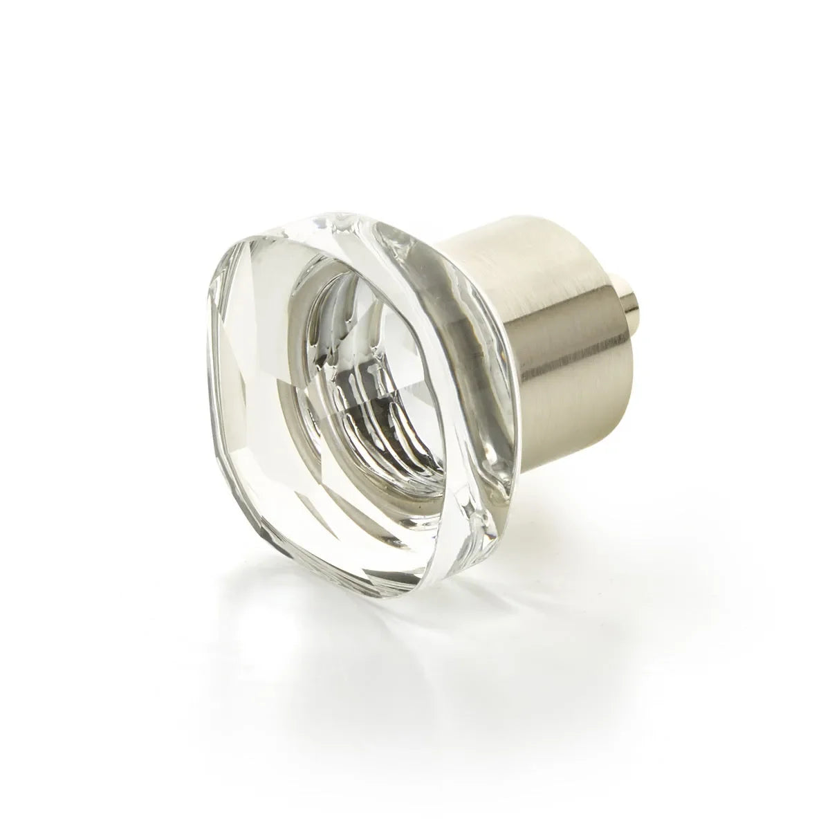 The Schaub City Lights Soft Square Glass Knob in Satin Nickel finish.