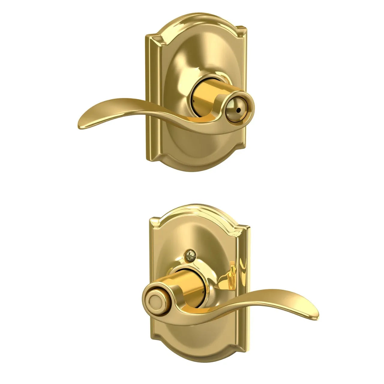 Schlage Accent Lever with Camelot Rosette Bright Brass