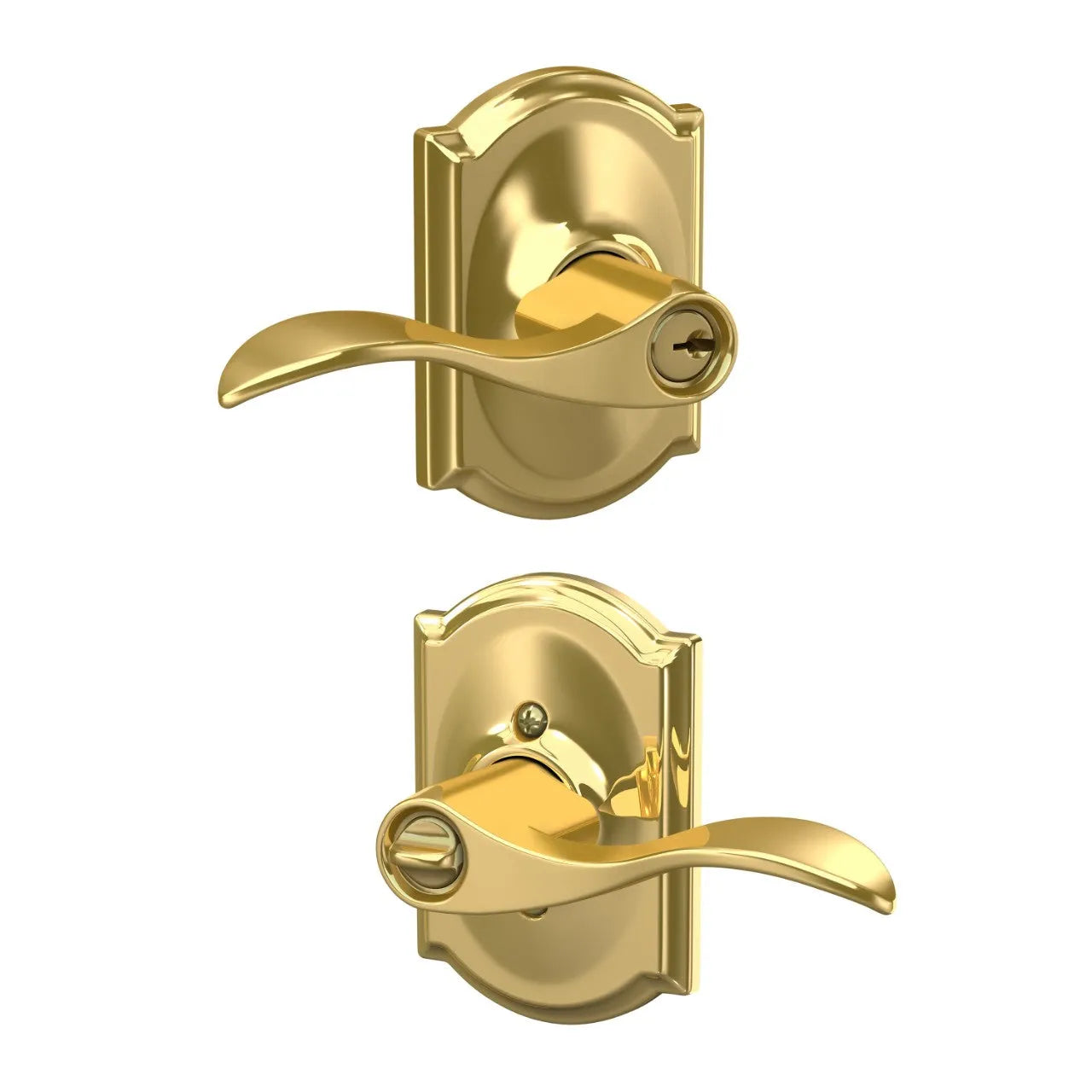 Schlage Accent Lever with Camelot Rosette Lifetime Brass