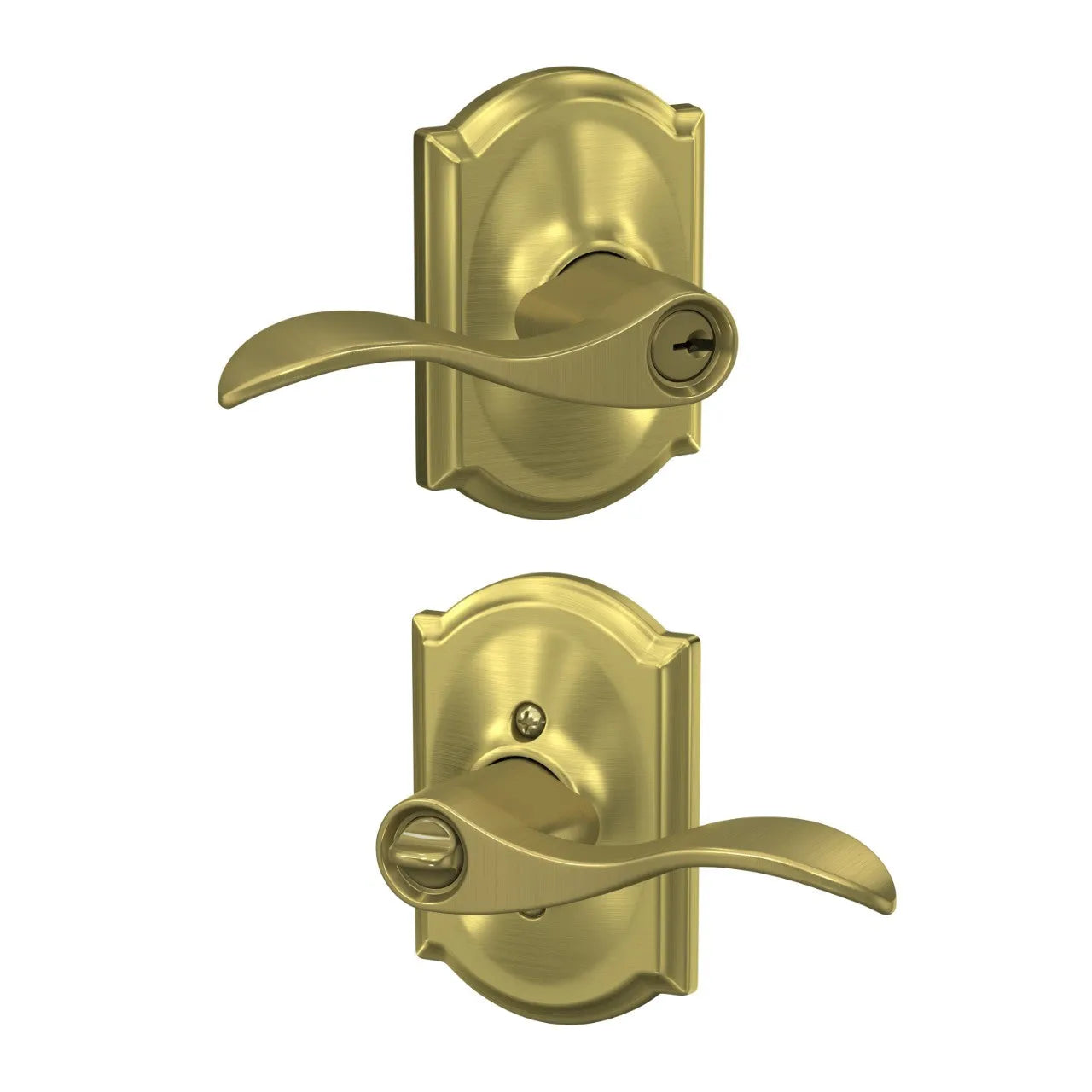 Schlage Accent Lever with Camelot Rosette Satin Brass