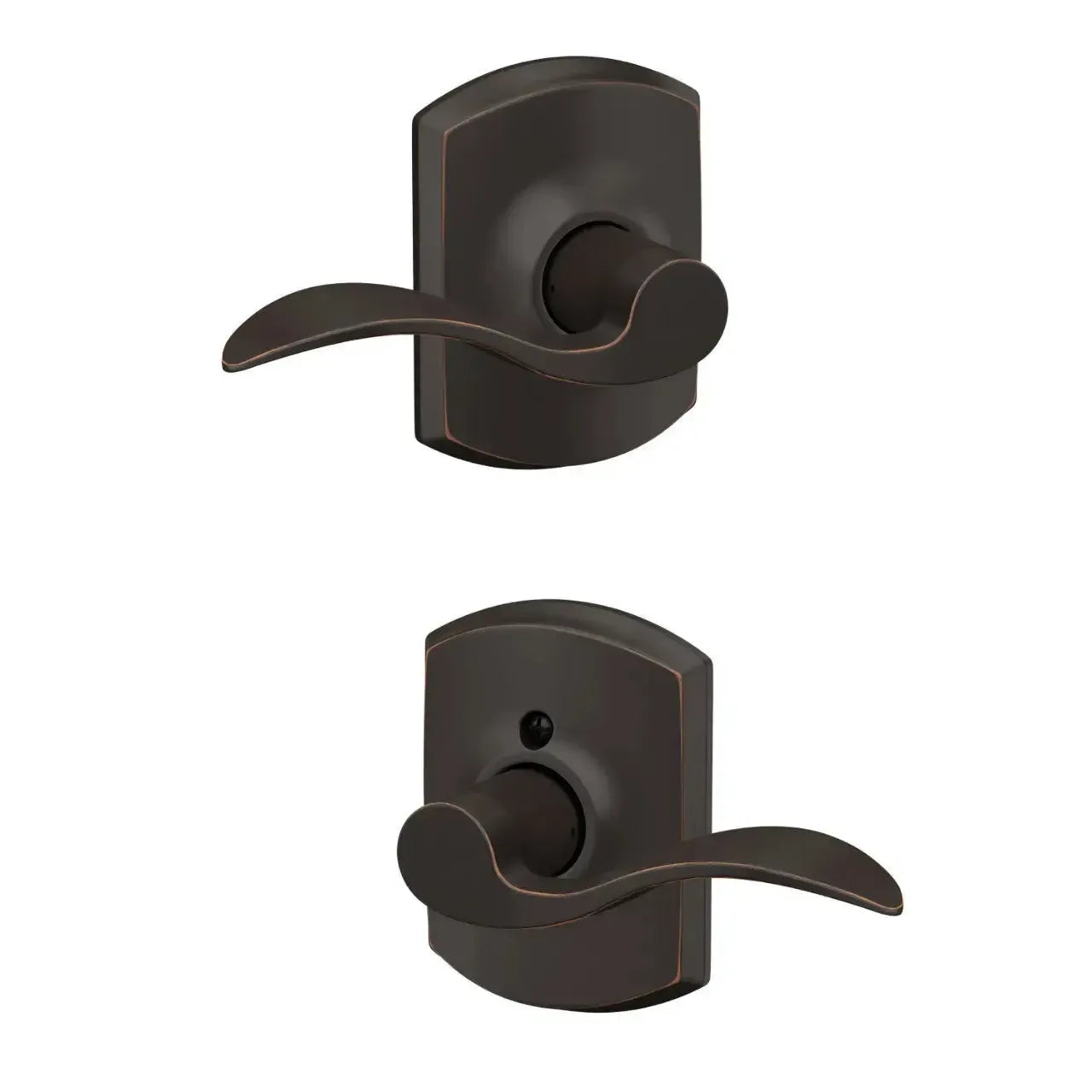 Schlage Accent Lever with Greenwich Rosette in Aged Bronze finish