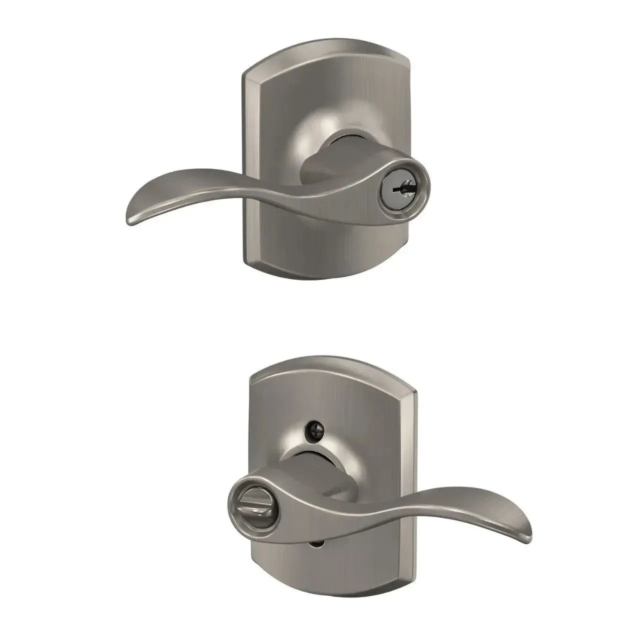 Schlage Accent Lever with Greenwich Rosette in Satin Nickel finish