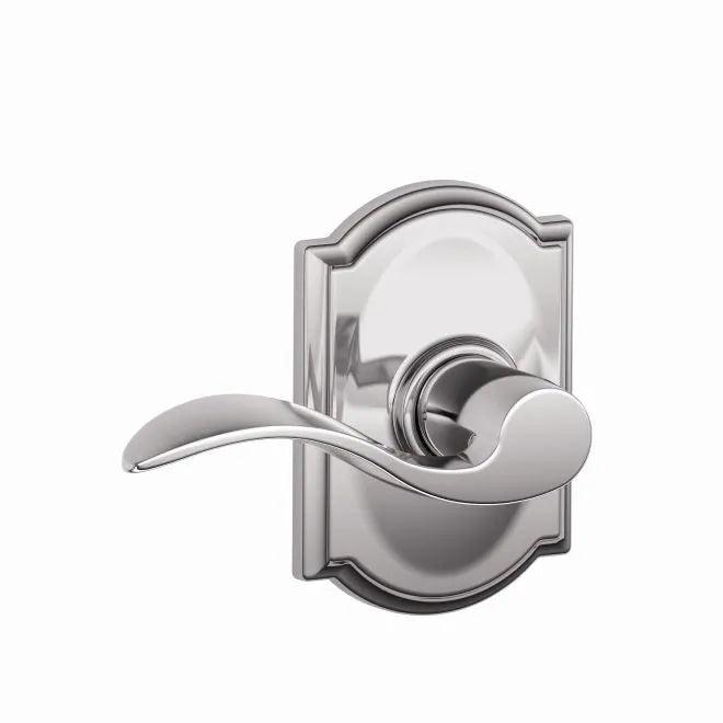 Schlage Accent Passage Lever With Camelot Rosette in Bright Chrome finish