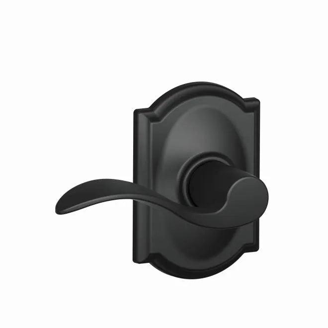 Schlage Accent Passage Lever With Camelot Rosette in Flat Black finish