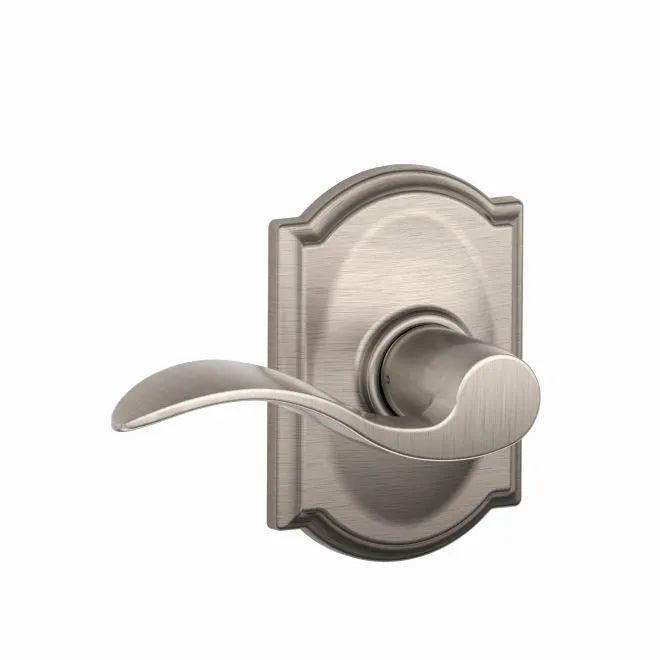 Schlage Accent Passage Lever With Camelot Rosette in Satin Nickel finish
