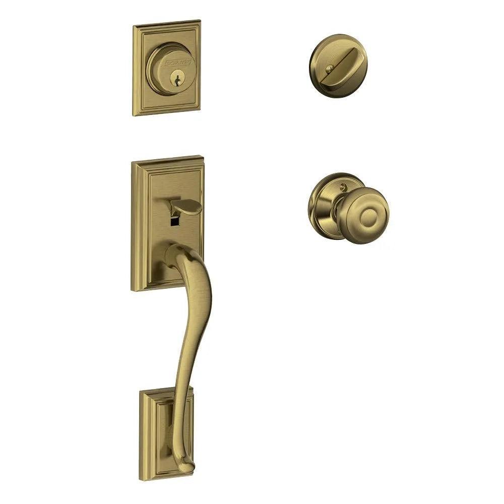 Schlage Addison Single Cylinder Handleset with Georgian Knob Antique Brass