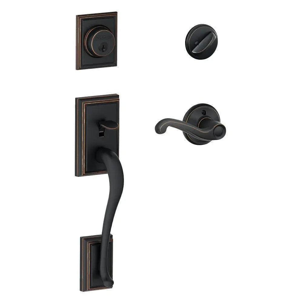 Schlage Addison Single Cylinder Handleset with Handed Flair Lever Aged Bronze