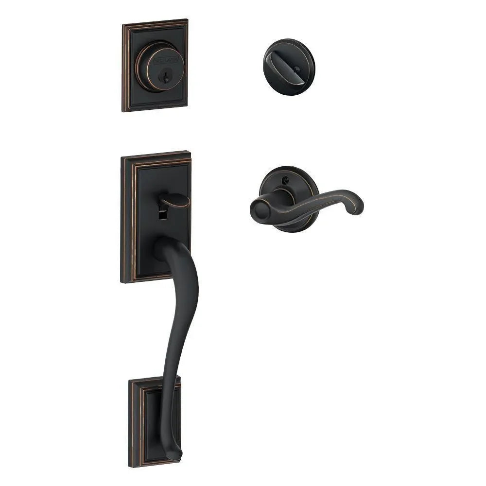 Schlage Addison Single Cylinder Handleset with Handed Flair Lever Aged Bronze