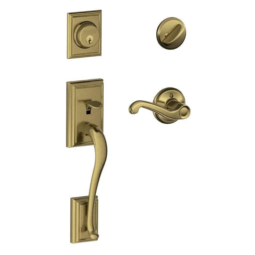 Schlage Addison Single Cylinder Handleset with Handed Flair Lever Antique Brass
