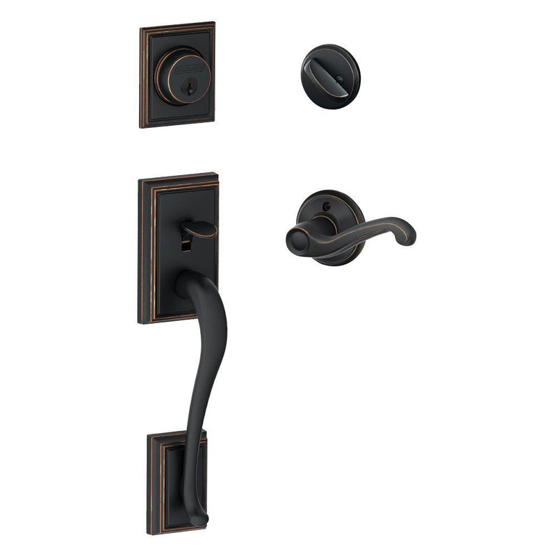 Schlage Addison Single Cylinder Handleset with Handed Flair Lever in Aged Bronze finish