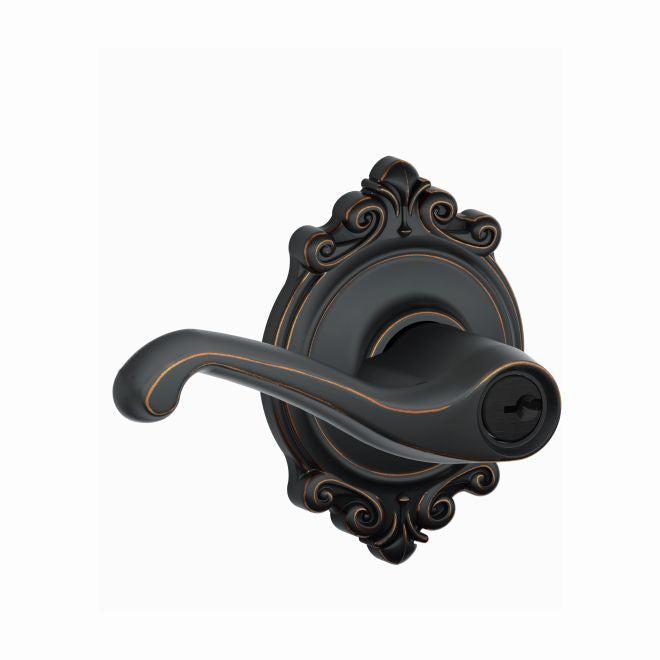 Schlage Flair Lever With Brookshire Rosette Keyed Entry Lock in Aged Bronze finish