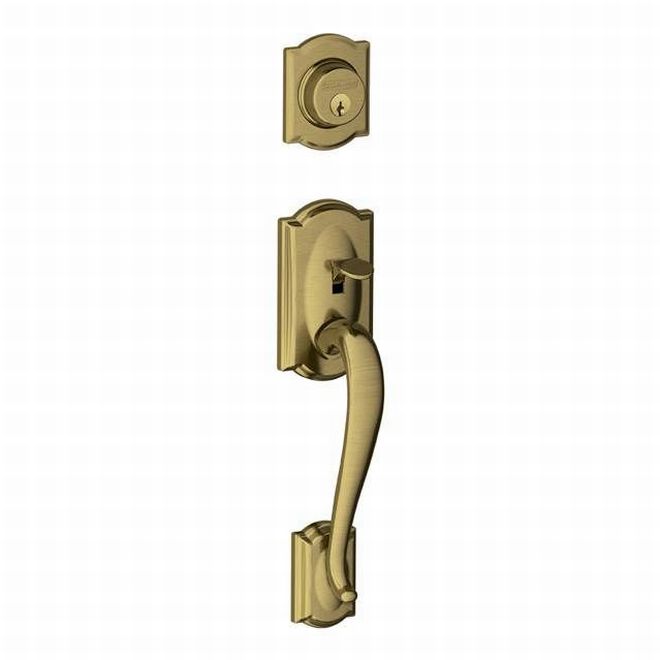 Schlage Camelot Dummy Exterior Handleset Only - Interior Trim Sold Separately in Antique Brass finish