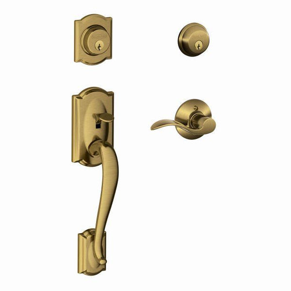 The Schlage Right Hand Camelot Double Cylinder Handleset With Accent Lever in Antique Brass finish