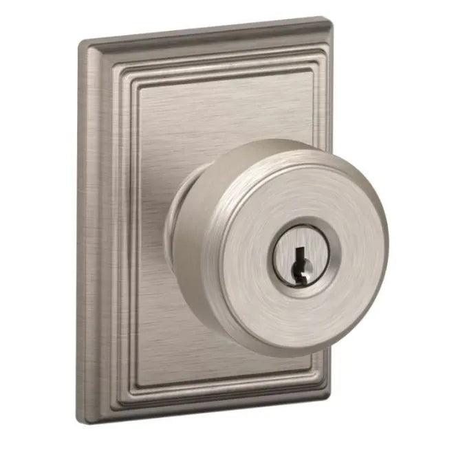 Schlage Bowery Knob With Addison Rosette Keyed Entry Lock Satin Nickel