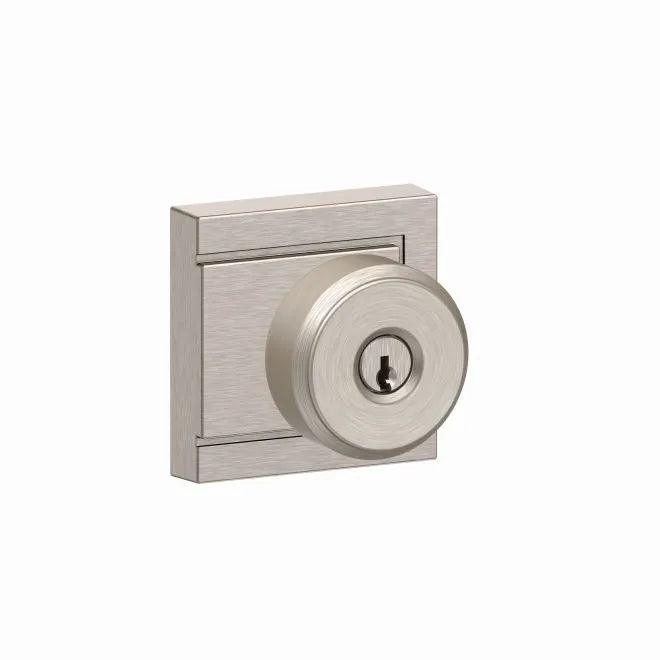 Schlage Bowery Knob With Upland Rosette Keyed Entry Lock Satin Nickel