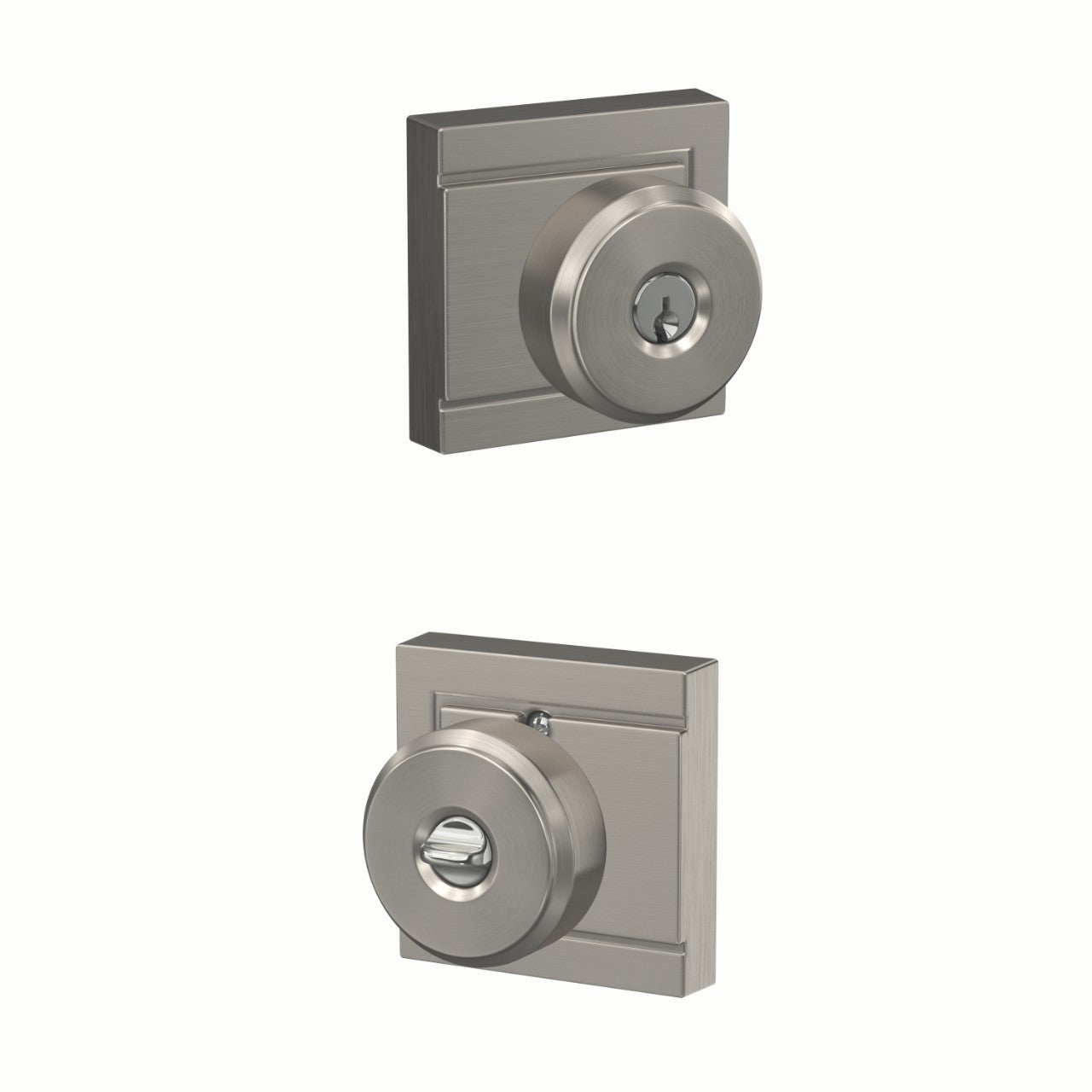 Schlage Bowery Knob with Upland Rosette Satin Nickel